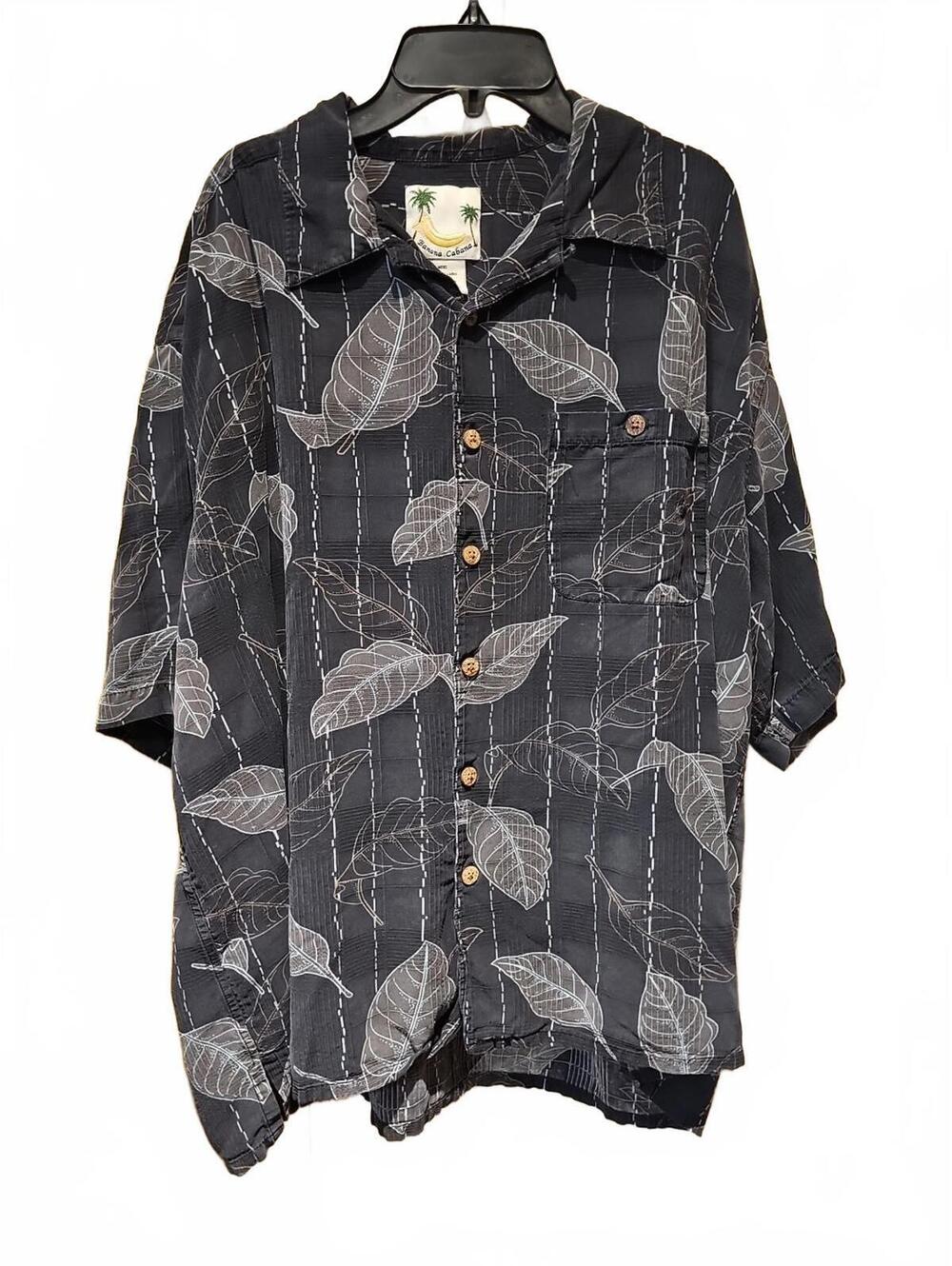 Banana Cabana 100% Silk Shirt 2XL Black Floral Hawaiian Collar Button Up